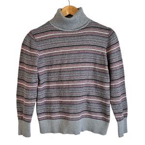 LL Bean Grey and Pink Fair Isle Cotton Cashmere Blend Turtle Neck Sweater